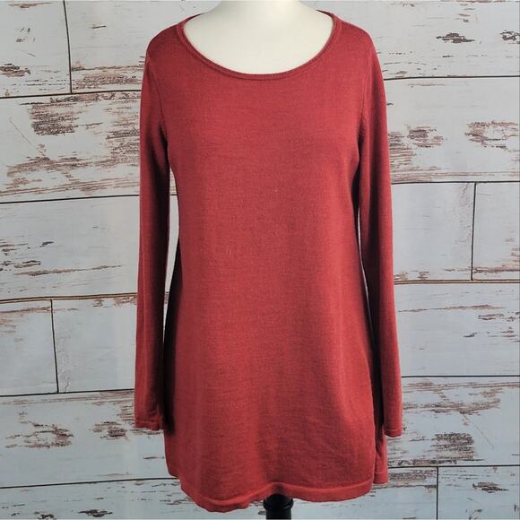Eileen Fisher Sweater Tunic Merino Wool Scoop Neck Long Sleeve Red XS - Picture 1 of 7